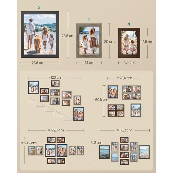 SONGMICS Bilderrahmen 10er Set, für 2 Fotos in 20 x 25 cm, 4 Fotos in 13 x 18 cm, 4 Fotos in 10 x 15 cm, Kunststoffscheibe, MDF, rotbraun, greige meliert, aschschwarz RPF310K03