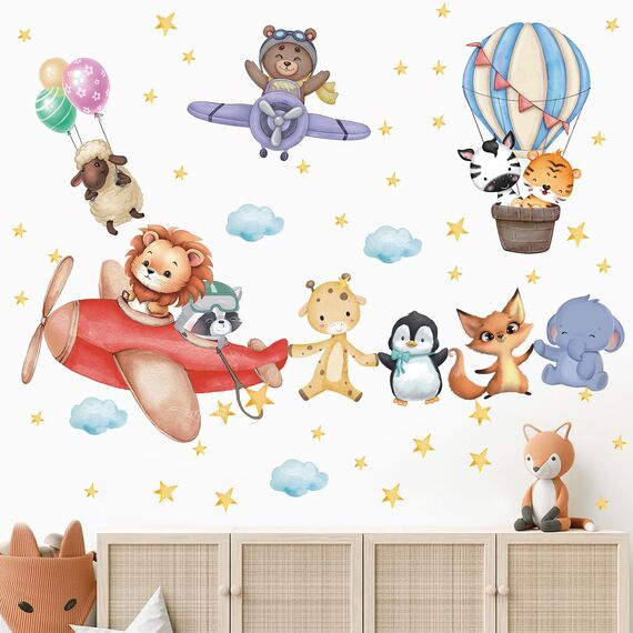 TOARTI Flugzeug Tier Wandtattoo Lichtfarbe Babyzimmer Wandsticker Mädchen Schlafzimmer Wanddeko Kinder Schlafzimmer Spielzimmer Wanddekoration DIY Löwe Elefant Tiere Wandaufkleber