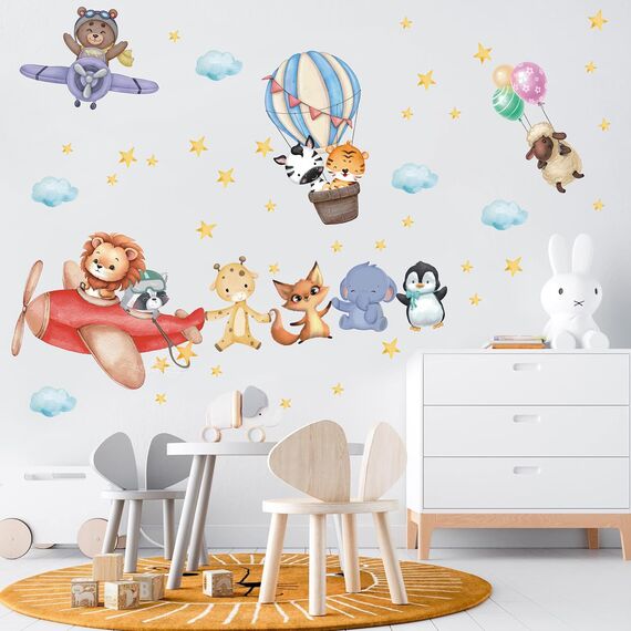 TOARTI Flugzeug Tier Wandtattoo Lichtfarbe Babyzimmer Wandsticker Mädchen Schlafzimmer Wanddeko Kinder Schlafzimmer Spielzimmer Wanddekoration DIY Löwe Elefant Tiere Wandaufkleber