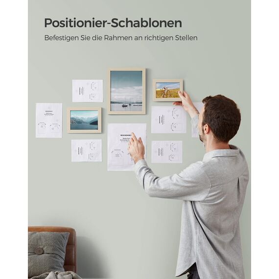 SONGMICS Bilderrahmen 10er Set, für 2 Fotos in 20 x 25 cm, 4 Fotos in 13 x 18 cm, 4 Fotos in 10 x 15 cm, Kunststoffscheibe, MDF, naturbeige RPF310N02