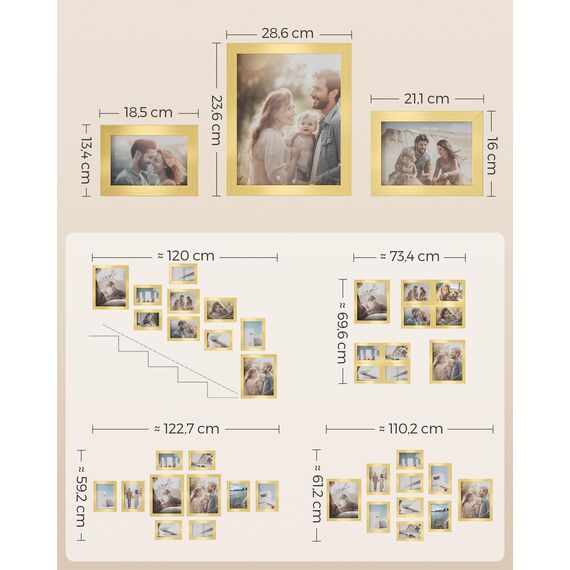 SONGMICS Bilderrahmen 10er Set, für 2 Fotos in 20 x 25 cm, 4 Fotos in 13 x 18 cm, 4 Fotos in 10 x 15 cm, Kunststoffscheibe, MDF, helles Gold RPF310A01