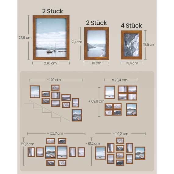 SONGMICS Bilderrahmen 10er Set, für 2 Fotos in 20 x 25 cm, 4 Fotos in 13 x 18 cm, 4 Fotos in 10 x 15 cm, Kunststoffscheibe, MDF, vintagebraun RPF310X01