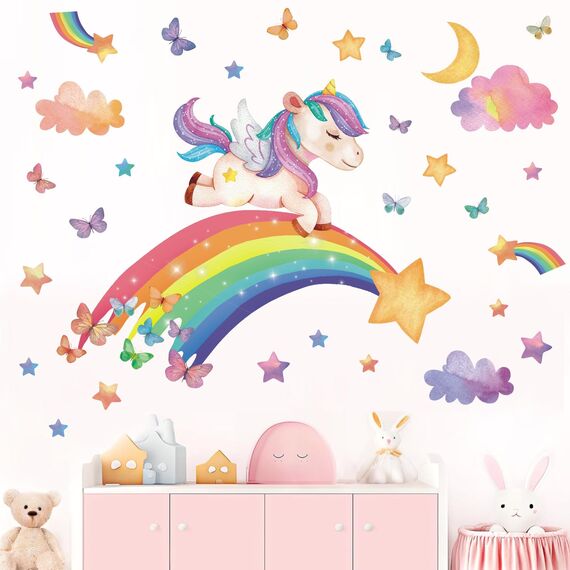 TOARTI Wandtattoo Mädchen Regenbogen Einhorn Wandaufkleber Schmetterlinge Wolken Wandsticker Babyzimmer Kinderzimmer Mädchen Schlafzimmer Wanddeko