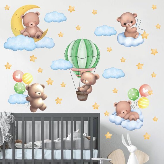 TOARTI Bär auf Mond Wandtattoo Tiere Wandaufkleber Heißluftballon Wolken und Sterne Wandsticker Lichtfarbe Babyzimmer Wanddeko Kinderzimmer Babyzimmer Schlafzimmer deko