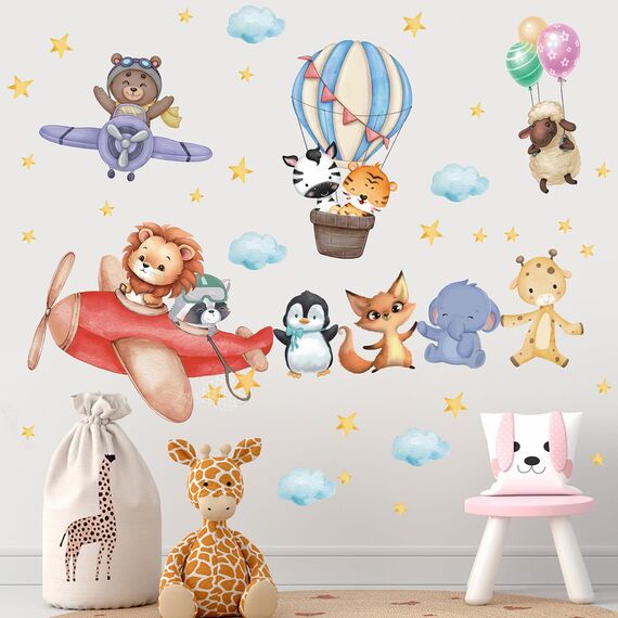 TOARTI Flugzeug Tier Wandtattoo Lichtfarbe Babyzimmer Wandsticker Mädchen Schlafzimmer Wanddeko Kinder Schlafzimmer Spielzimmer Wanddekoration DIY Löwe Elefant Tiere Wandaufkleber