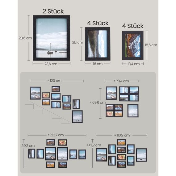 SONGMICS Bilderrahmen 10er Set, für 2 Fotos in 20 x 25 cm, 4 Fotos in 13 x 18 cm, 4 Fotos in 10 x 15 cm, Kunststoffscheibe, MDF, tintenschwarz RPF310H