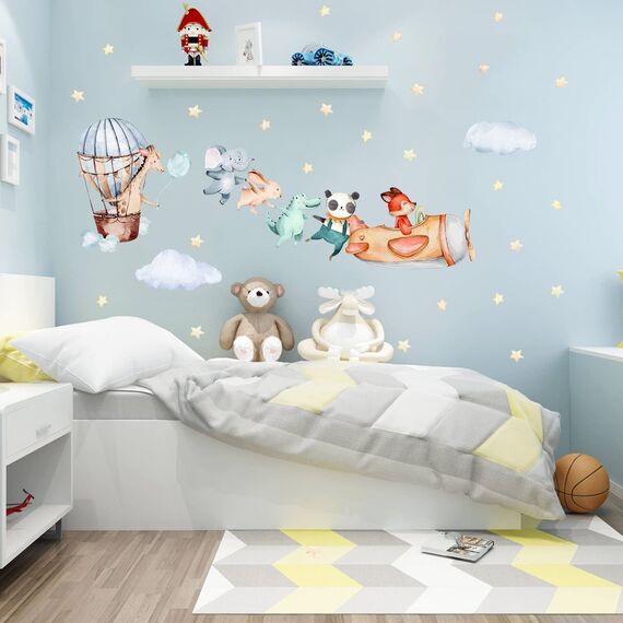 TOARTI Flugzeug Tier Wandtattoo,Lichtfarbe Babyzimmer Wandsticker,Wandaufkleber Kinderzimmer Tiere,104x30 cm (BxH),DIY Elefant Giraffe Panda Wandaufkleber für Junge Mädchen Schlafzimmer Wanddeko
