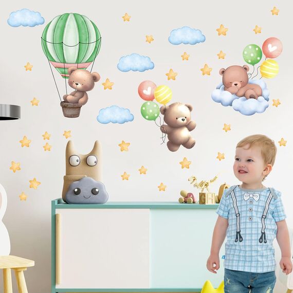 TOARTI Bär auf Mond Wandtattoo Tiere Wandaufkleber Heißluftballon Wolken und Sterne Wandsticker Lichtfarbe Babyzimmer Wanddeko Kinderzimmer Babyzimmer Schlafzimmer deko