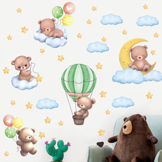 TOARTI Bär auf Mond Wandtattoo Tiere Wandaufkleber Heißluftballon Wolken und Sterne Wandsticker Lichtfarbe Babyzimmer Wanddeko Kinderzimmer Babyzimmer Schlafzimmer deko