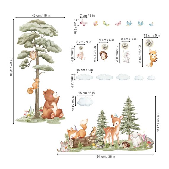 decalmile Wandtattoo Waldtiere Baum Groß Wandaufkleber Bär Hirsch Fuchs Wandsticker Kinderzimmer Babyzimmer Wohnzimmer Wanddeko