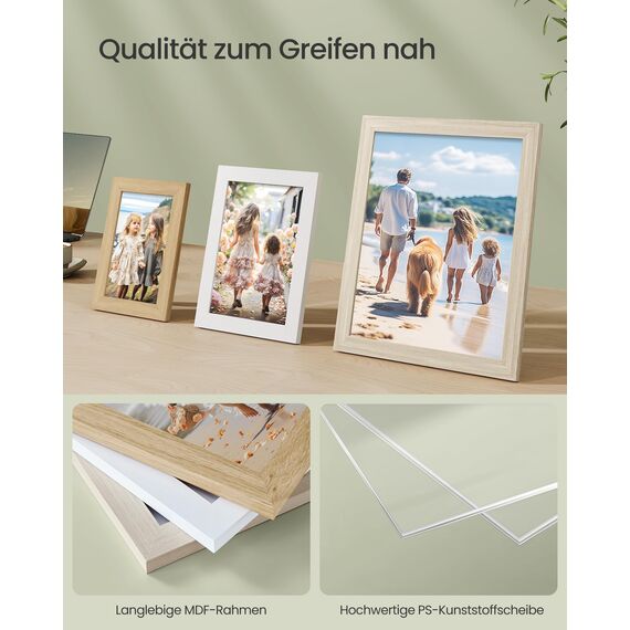 SONGMICS Bilderrahmen 10er Set, für 2 Fotos in 20 x 25 cm, 4 Fotos in 13 x 18 cm, 4 Fotos in 10 x 15 cm, Kunststoffscheibe, MDF, natureichenfarben, wolkenweiß, naturbeige RPF310K02