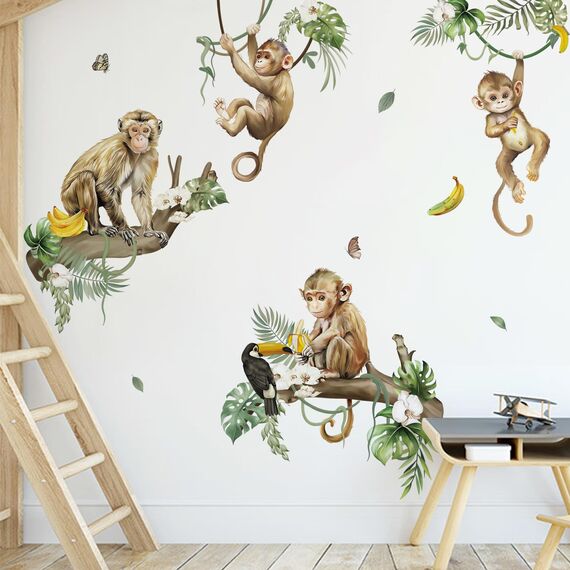 decalmile Wandtattoo Affen Dschungel Baum Zweig Wandsticker Dschungel Tiere Affe Reben Wandaufkleber Kinderzimmer Babyzimmer Wohnzimmer Wanddeko