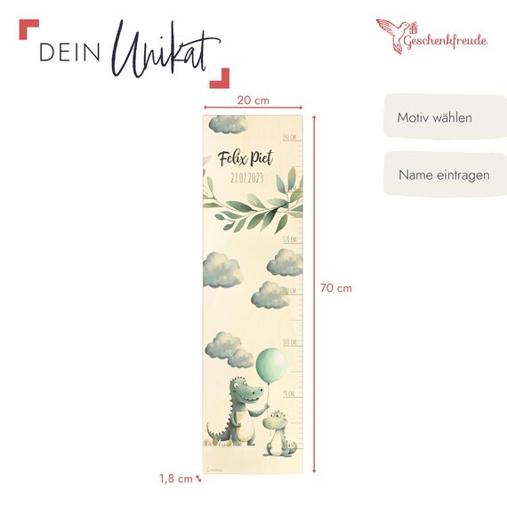 Geschenkfreude Messlatte Kinder personalisert 80-140cm - mit Krokodil als Dekoration fürs Kinderzimmer - personalisierte Messlatte Kinder Holz - Geschenk zur Geburt für Junge und Mädchen