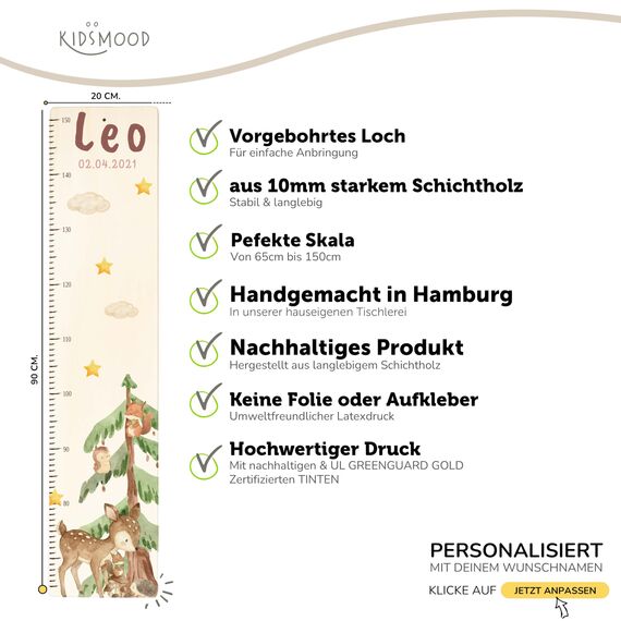 Kidsmood - Personalisierte Messlatte Kinder aus Aluverbund – Hochwertige Messleiste & Wand-Deko für Kinderzimmer mit liebevollem Reh im Wald – Tolles Taufgeschenk für Mädchen & Jungen (65-140cm)