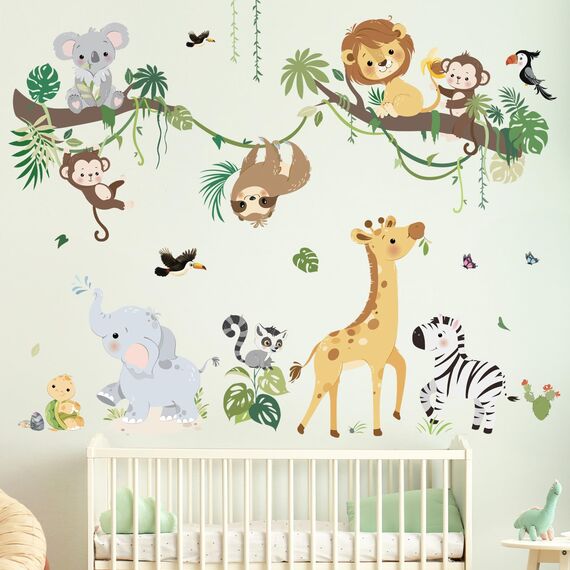 decalmile Wandtattoo Dschungel Tiere Baum Zweig Wandaufkleber Giraffe Affen Koala Safari Wandsticker Kinderzimmer Babyzimmer Wohnzimmer Wanddeko