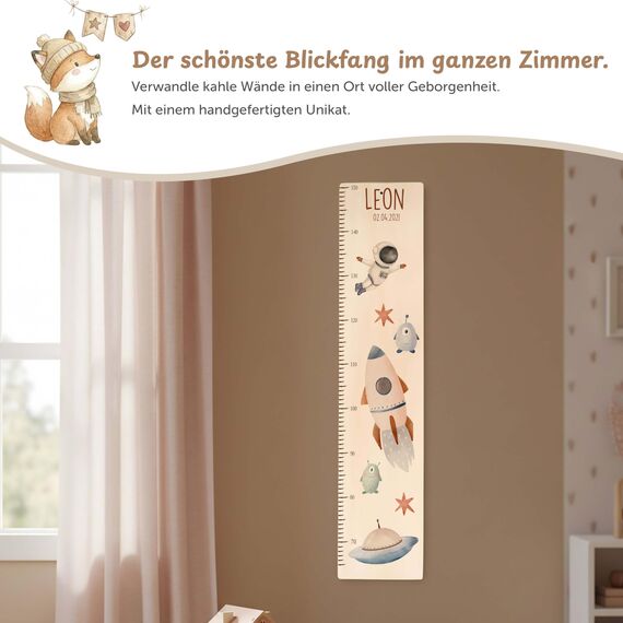 Kidsmood - Personalisierte Messlatte Kinder aus Aluverbund – Hochwertige Messleiste & Wand-Deko für Kinderzimmer mit abenteuerlichem Astronaut – Tolles Taufgeschenk für Mädchen & Jungen (65-140cm)