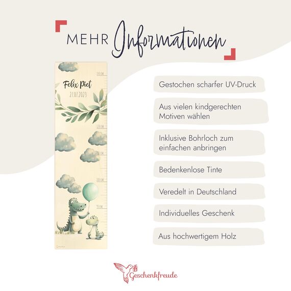 Geschenkfreude Messlatte Kinder personalisert 80-140cm - mit Krokodil als Dekoration fürs Kinderzimmer - personalisierte Messlatte Kinder Holz - Geschenk zur Geburt für Junge und Mädchen