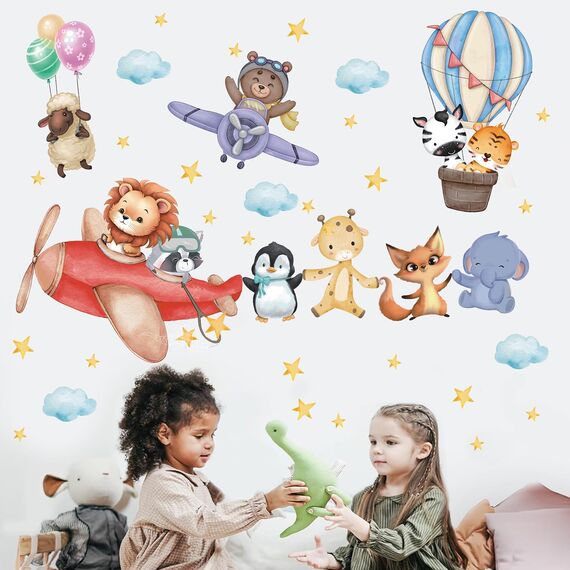 TOARTI Flugzeug Tier Wandtattoo Lichtfarbe Babyzimmer Wandsticker Mädchen Schlafzimmer Wanddeko Kinder Schlafzimmer Spielzimmer Wanddekoration DIY Löwe Elefant Tiere Wandaufkleber