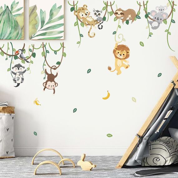 decalmile Wandtattoo Dschungel Tiere Reben Wandsticker Tiere Löwe Affe Koala Wandsticker Kinderzimmer Babyzimmer Schlafzimmer Wanddeko