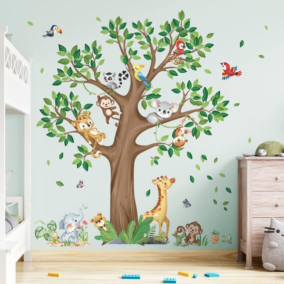 decalmile Wandtattoo Dschungel Tiere Groß Baum Wandaufkleber Giraffe Koala Leopard Safari Wandsticker Kinderzimmer Babyzimmer Wohnzimmer Wanddeko