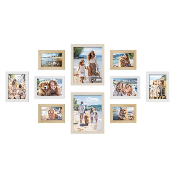 SONGMICS Bilderrahmen 10er Set, für 2 Fotos in 20 x 25 cm, 4 Fotos in 13 x 18 cm, 4 Fotos in 10 x 15 cm, Kunststoffscheibe, MDF, natureichenfarben, wolkenweiß, naturbeige RPF310K02