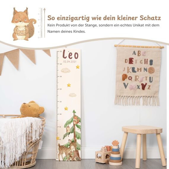 Kidsmood - Personalisierte Messlatte Kinder aus Aluverbund – Hochwertige Messleiste & Wand-Deko für Kinderzimmer mit liebevollem Reh im Wald – Tolles Taufgeschenk für Mädchen & Jungen (65-140cm)