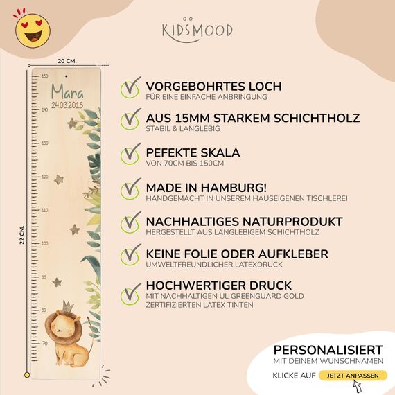 Kidsmood - Personalisierte Messlatte Kinder aus Holz – Hochwertige Messleiste & Wand-Deko für Baby- & Kinderzimmer mit abenteuerlichem Löwe – Tolles Taufgeschenk für Mädchen & Jungen - Skala 65-140cm