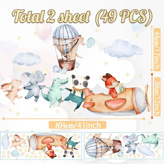 TOARTI Flugzeug Tier Wandtattoo,Lichtfarbe Babyzimmer Wandsticker,Wandaufkleber Kinderzimmer Tiere,104x30 cm (BxH),DIY Elefant Giraffe Panda Wandaufkleber für Junge Mädchen Schlafzimmer Wanddeko