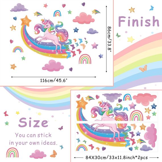 TOARTI Wandtattoo Einhorn Groß,Regenbogen Wandaufkleber für Mädchen Babyzimmer,Rosa Herze Deko,Sterne Schmetterling Wandsticker Wolken,Einhorn Blumen Wanddeko für Kinderzimmer Schlafzimmer Wohnzimmer