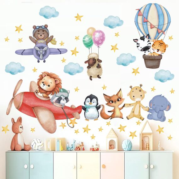 TOARTI Flugzeug Tier Wandtattoo Lichtfarbe Babyzimmer Wandsticker Mädchen Schlafzimmer Wanddeko Kinder Schlafzimmer Spielzimmer Wanddekoration DIY Löwe Elefant Tiere Wandaufkleber