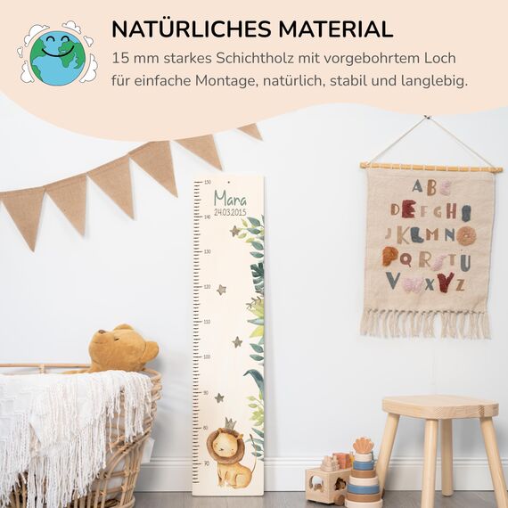 Kidsmood - Personalisierte Messlatte Kinder aus Holz – Hochwertige Messleiste & Wand-Deko für Baby- & Kinderzimmer mit abenteuerlichem Löwe – Tolles Taufgeschenk für Mädchen & Jungen - Skala 65-140cm