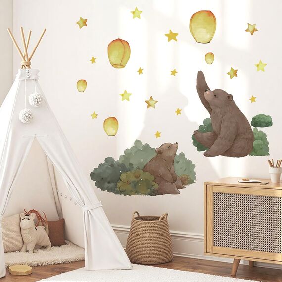 TOARTI Bär Wandtattoo,Lichtfarbe Babyzimmer Wandsticker Tiere Wandaufkleber Kinderzimmer DIY Nacht Himmel Wandaufkleber für Junge Mädchen Schlafzimmer Wanddeko