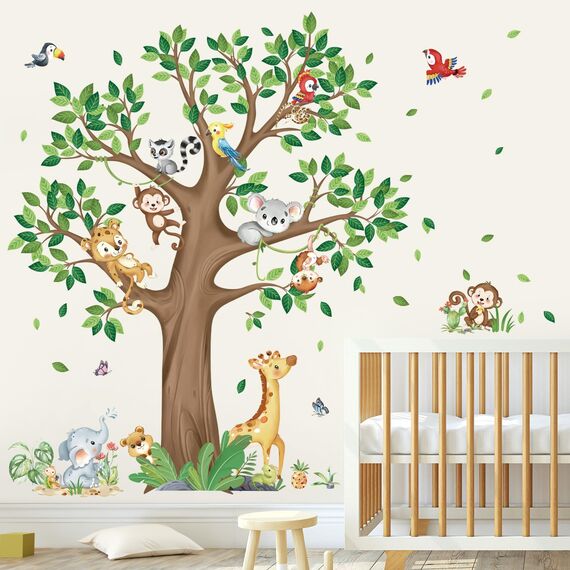 decalmile Wandtattoo Dschungel Tiere Groß Baum Wandaufkleber Giraffe Koala Leopard Safari Wandsticker Kinderzimmer Babyzimmer Wohnzimmer Wanddeko