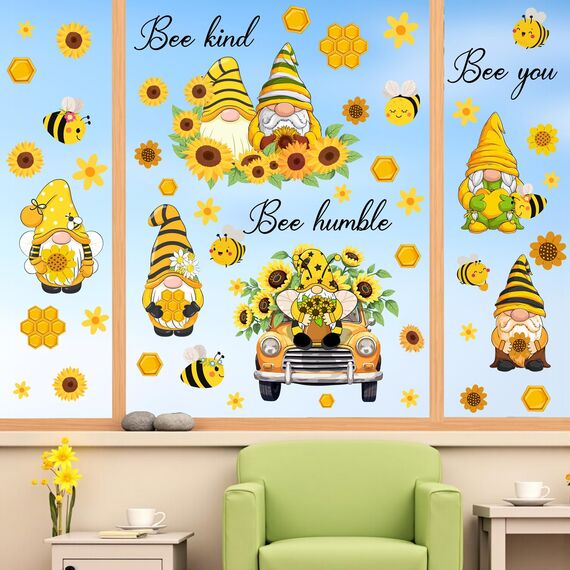 TOARTI Wandtattoos Gelb Bienen Fenster Dekoration Blumen,Biene Gnom Aufkleber,Fensterbilder Frühling Blumen,Fensteraufkleber Biene für Kinderzimmer Wohnzimmer