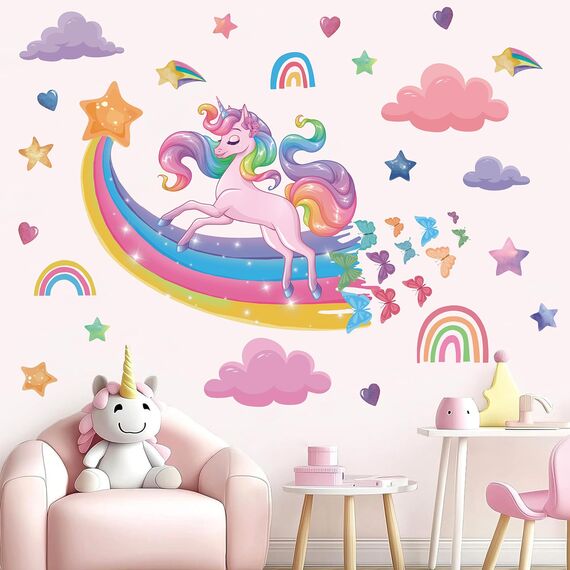 TOARTI Wandtattoo Einhorn Groß,Regenbogen Wandaufkleber für Mädchen Babyzimmer,Rosa Herze Deko,Sterne Schmetterling Wandsticker Wolken,Einhorn Blumen Wanddeko für Kinderzimmer Schlafzimmer Wohnzimmer