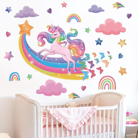 TOARTI Wandtattoo Einhorn Groß,Regenbogen Wandaufkleber für Mädchen Babyzimmer,Rosa Herze Deko,Sterne Schmetterling Wandsticker Wolken,Einhorn Blumen Wanddeko für Kinderzimmer Schlafzimmer Wohnzimmer
