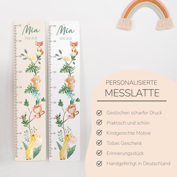 Kidsmood - Personalisierte Messlatte Kinder Holz – Messleiste & Wand-Deko für Baby- & Kinderzimmer mit abenteuerlichem Dschungel Tiere – Tolles Taufgeschenk für Mädchen & Jungen -(65-140cm)