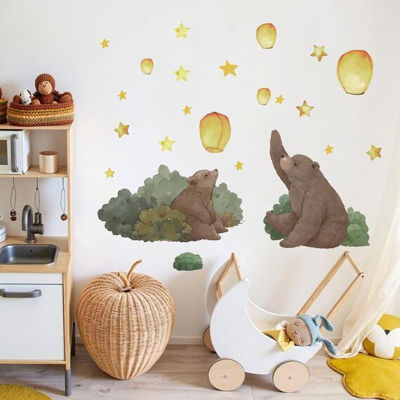 TOARTI Bär Wandtattoo,Lichtfarbe Babyzimmer Wandsticker Tiere Wandaufkleber Kinderzimmer DIY Nacht Himmel Wandaufkleber für Junge Mädchen Schlafzimmer Wanddeko
