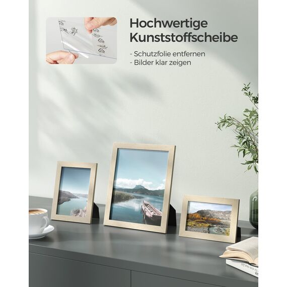 SONGMICS Bilderrahmen 10er Set, für 2 Fotos in 20 x 25 cm, 4 Fotos in 13 x 18 cm, 4 Fotos in 10 x 15 cm, Kunststoffscheibe, MDF, naturbeige RPF310N02