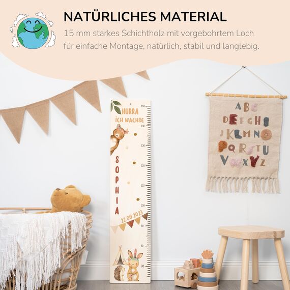 Kidsmood - Personalisierte Messlatte Kinder aus Holz – Hochwertige Messleiste & Wand-Deko für Baby- & Kinderzimmer mit zauberhaftem Boho Tiere – Tolles Taufgeschenk für Mädchen & Jungen - (65-140cm)