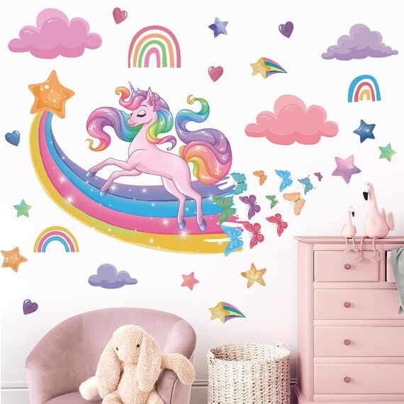 TOARTI Wandtattoo Einhorn Groß,Regenbogen Wandaufkleber für Mädchen Babyzimmer,Rosa Herze Deko,Sterne Schmetterling Wandsticker Wolken,Einhorn Blumen Wanddeko für Kinderzimmer Schlafzimmer Wohnzimmer