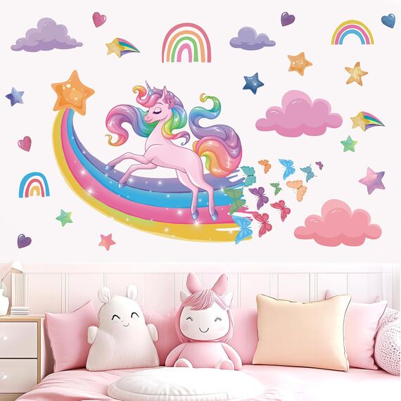 TOARTI Wandtattoo Einhorn Groß,Regenbogen Wandaufkleber für Mädchen Babyzimmer,Rosa Herze Deko,Sterne Schmetterling Wandsticker Wolken,Einhorn Blumen Wanddeko für Kinderzimmer Schlafzimmer Wohnzimmer