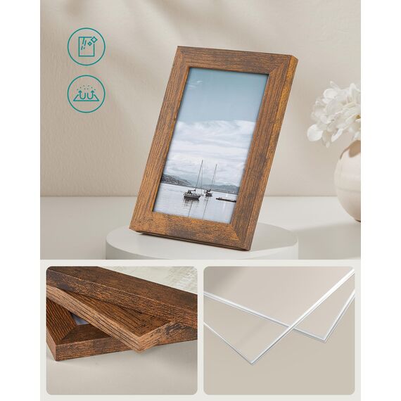 SONGMICS Bilderrahmen 10er Set, für 2 Fotos in 20 x 25 cm, 4 Fotos in 13 x 18 cm, 4 Fotos in 10 x 15 cm, Kunststoffscheibe, MDF, vintagebraun RPF310X01