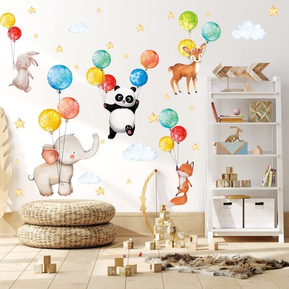 TOARTI 47 Stück Wandaufkleber Kinderzimmer Tiere, Aquarell Wandsticker Babyzimmer, Ballon Tier Wanddeko, DIY Fuchs Hase Deko für Junge Mädchen Schlafzimmer