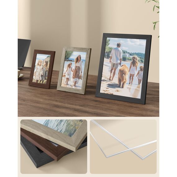 SONGMICS Bilderrahmen 10er Set, für 2 Fotos in 20 x 25 cm, 4 Fotos in 13 x 18 cm, 4 Fotos in 10 x 15 cm, Kunststoffscheibe, MDF, rotbraun, greige meliert, aschschwarz RPF310K03