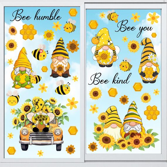 TOARTI Wandtattoos Gelb Bienen Fenster Dekoration Blumen,Biene Gnom Aufkleber,Fensterbilder Frühling Blumen,Fensteraufkleber Biene für Kinderzimmer Wohnzimmer