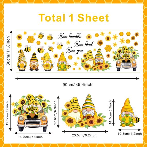 TOARTI Wandtattoos Gelb Bienen Fenster Dekoration Blumen,Biene Gnom Aufkleber,Fensterbilder Frühling Blumen,Fensteraufkleber Biene für Kinderzimmer Wohnzimmer