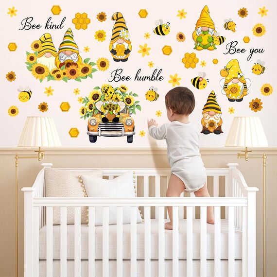 TOARTI Wandtattoos Gelb Bienen Fenster Dekoration Blumen,Biene Gnom Aufkleber,Fensterbilder Frühling Blumen,Fensteraufkleber Biene für Kinderzimmer Wohnzimmer