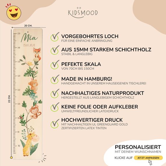Kidsmood - Personalisierte Messlatte Kinder Holz – Messleiste & Wand-Deko für Baby- & Kinderzimmer mit abenteuerlichem Dschungel Tiere – Tolles Taufgeschenk für Mädchen & Jungen -(65-140cm)