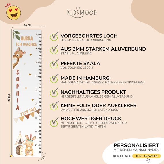 Kidsmood - Personalisierte Messlatte Kinder aus Aluverbund – Hochwertige Messleiste & Wand-Deko für Kinderzimmer mit zauberhaftem Boho Tiere – Tolles Taufgeschenk für Mädchen & Jungen - (65-140cm)